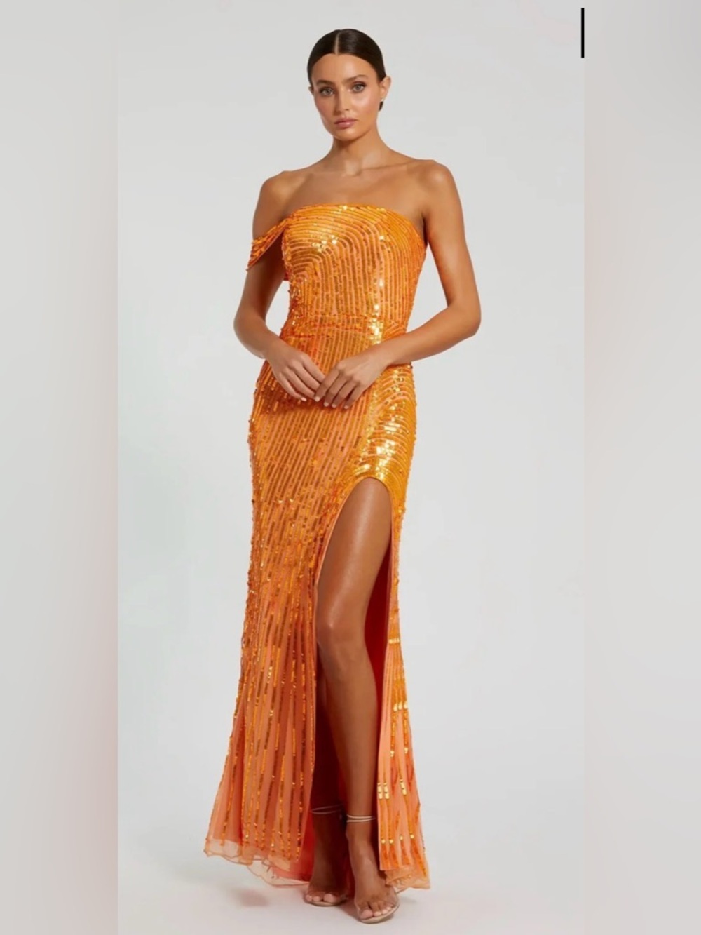 Mac Duggal Orange One-Shoulder Sequin Maxi Dress with Thigh Slit